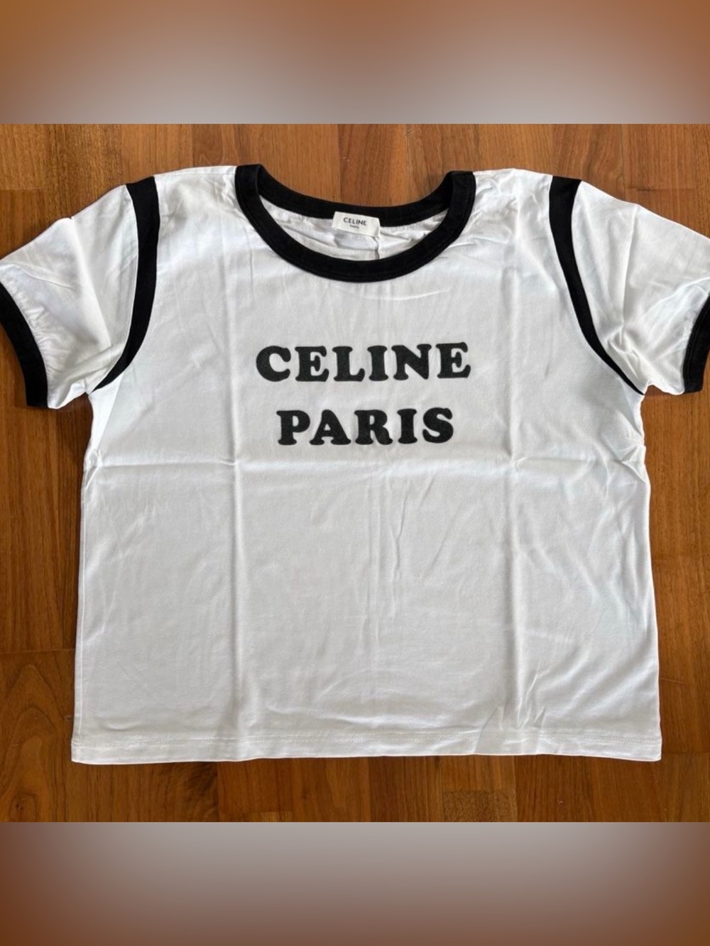 Celine White Tee with Black Trim and Logo